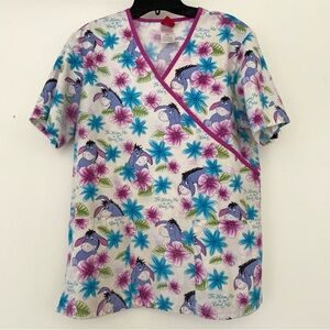 Vtg Disney Women’s Scrub Top Size Small Eeyore Pooh Medical Nurse Vet Dental